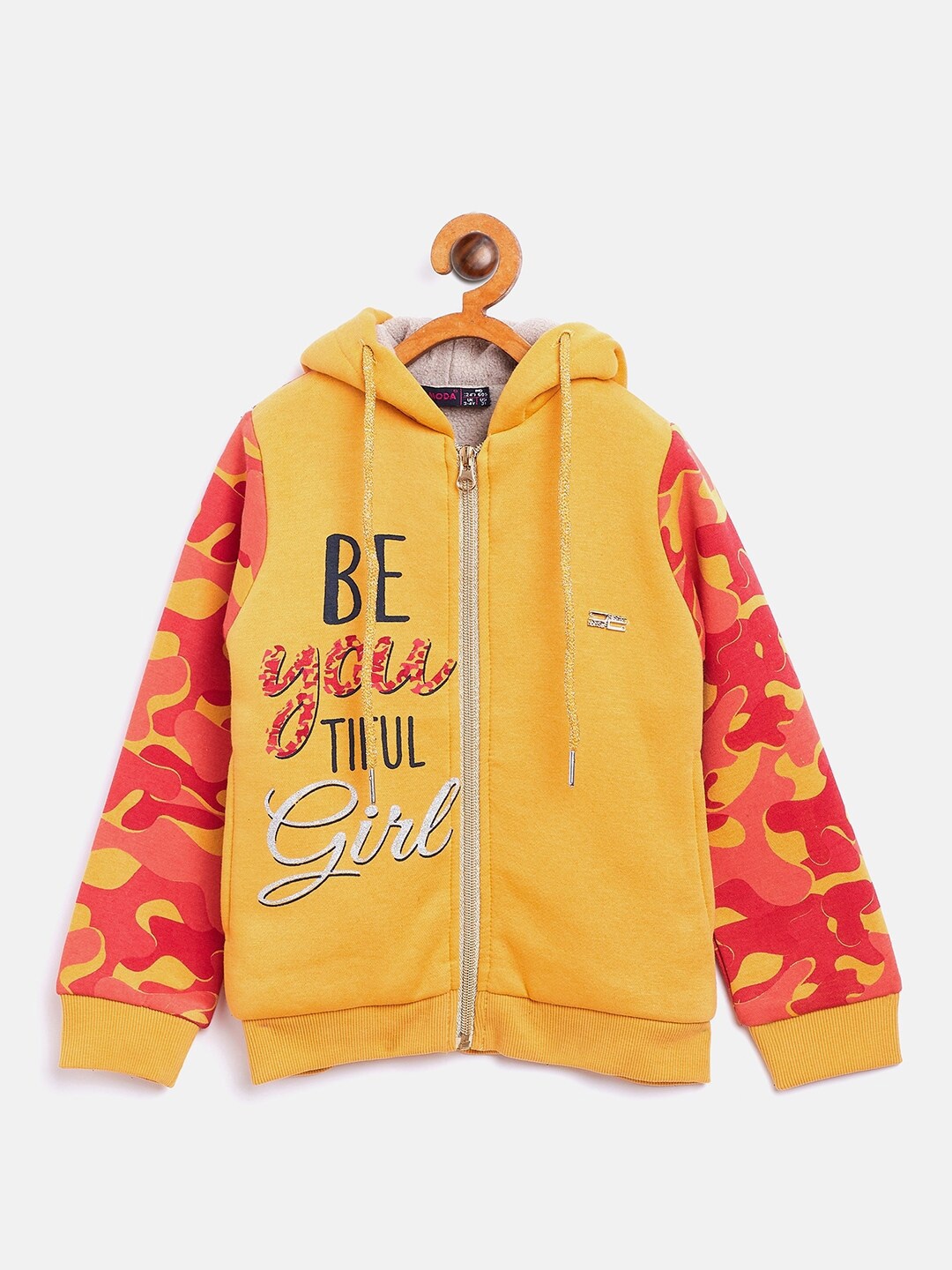 

Nins Moda Girls Mustard Printed Hooded Sweatshirt