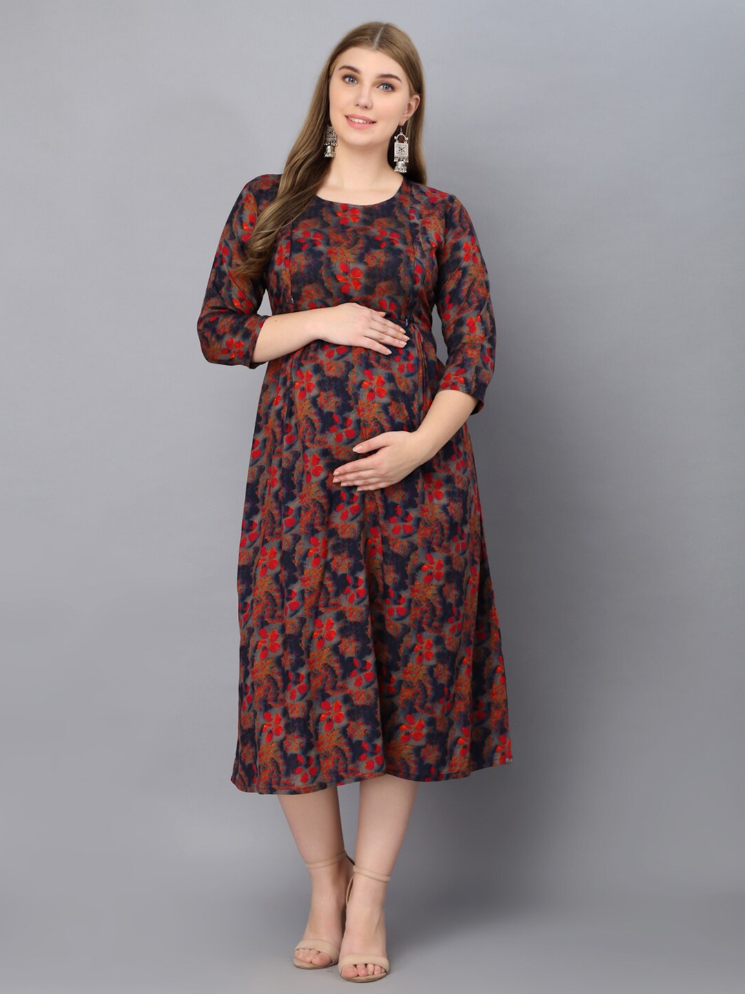 

Vastralay Maternity Blue & Red Floral A-Line Midi Dress