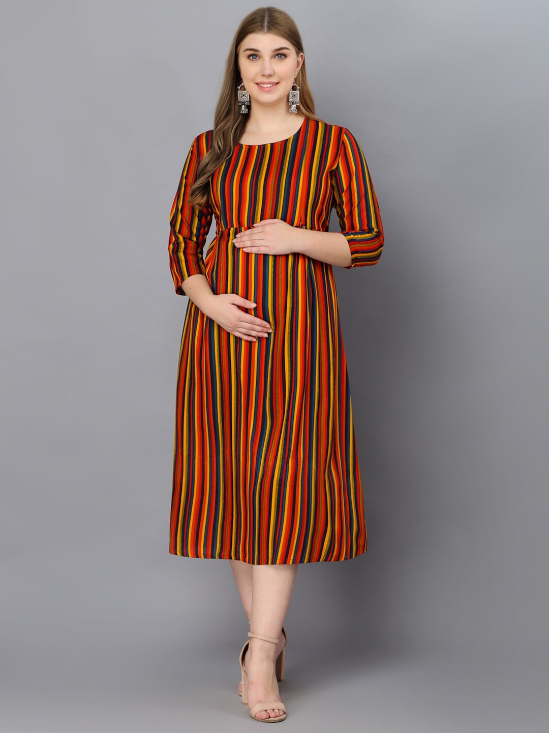 

Vastralay Multicoloured Striped Maternity A-Line Midi Dress, Multi