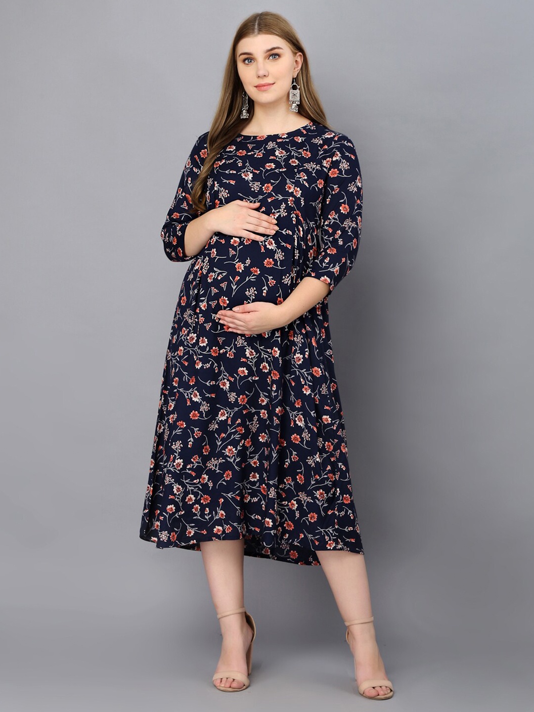 

Vastralay Women Blue Floral Printed Maternity A-Line Midi Dress