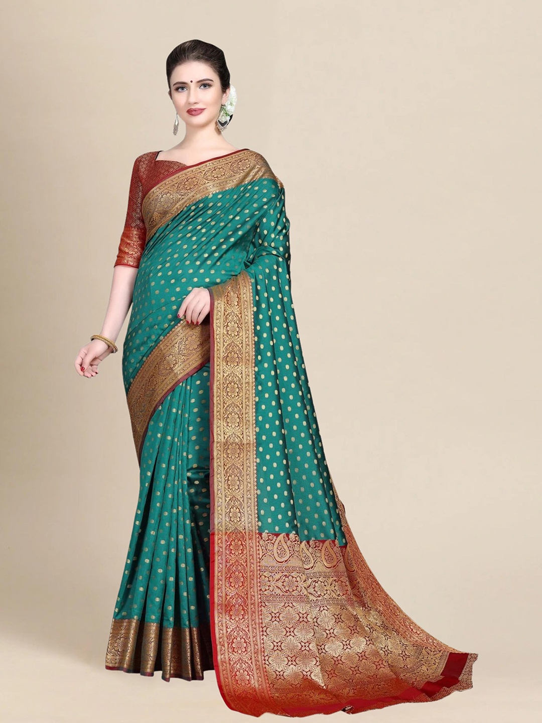 

MS RETAIL Teal & Red Woven Design Zari Silk Blend Banarasi Saree