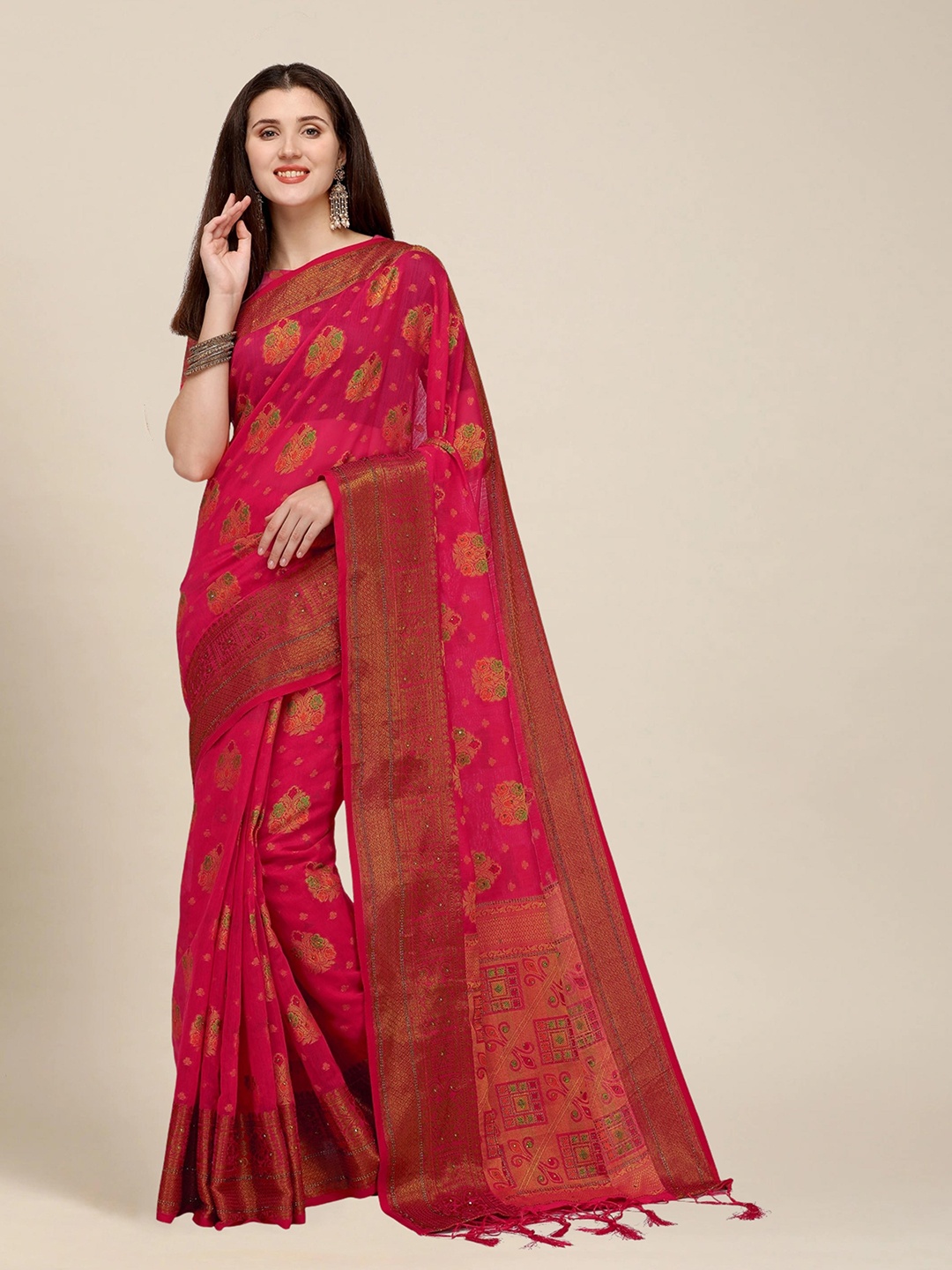 

MS RETAIL Pink & Green Woven Design Zari Pure Cotton Chanderi Saree