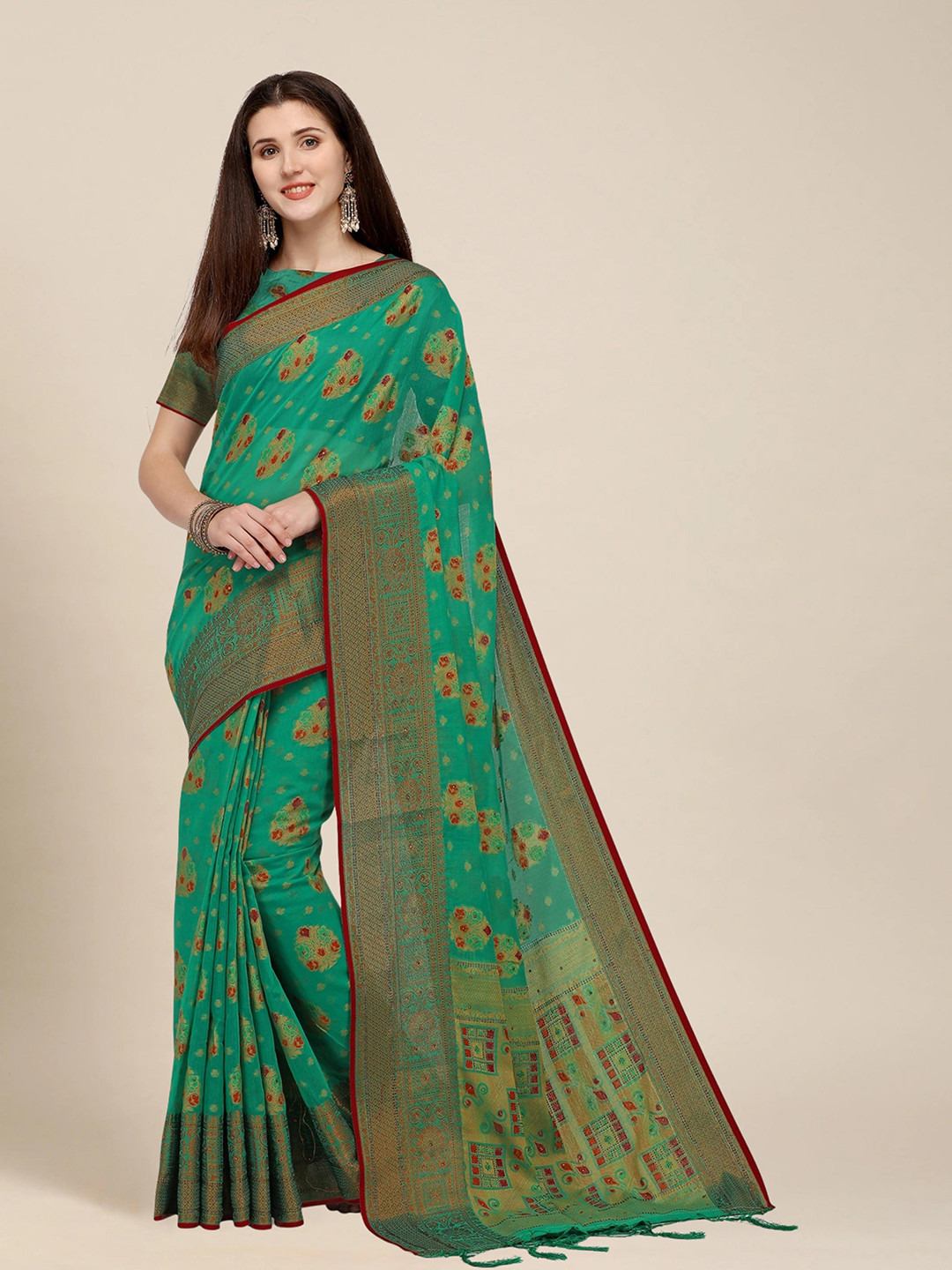 

MS RETAIL Green & Red Woven Design Zari Pure Cotton Chanderi Saree