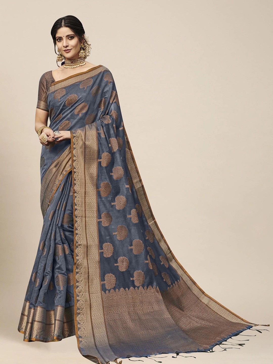 

MS RETAIL Grey & Gold-Toned Woven Design Zari Pure Cotton Chanderi Saree