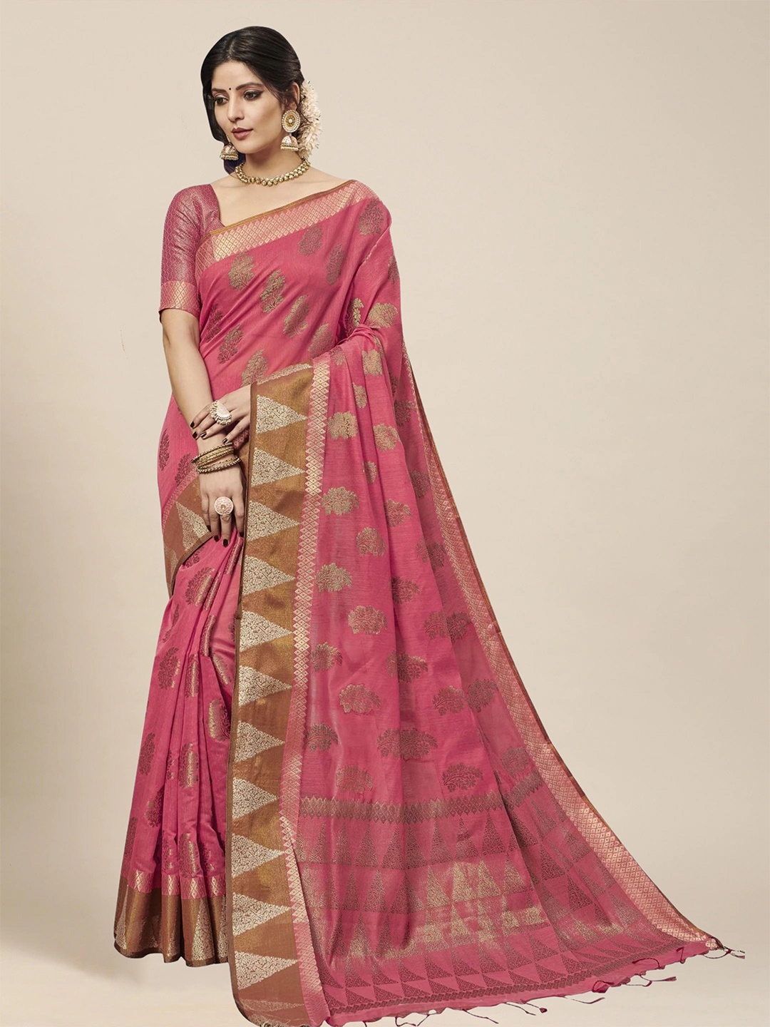 

MS RETAIL Rose & Gold-Toned Ethnic Motifs Zari Pure Cotton Chanderi Saree