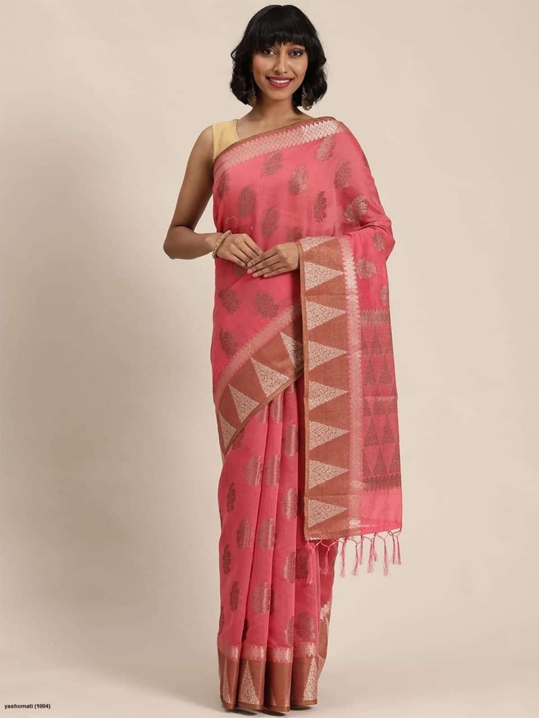 

MS RETAIL Rose & Gold-Toned Woven Design Zari Pure Cotton Chanderi Saree