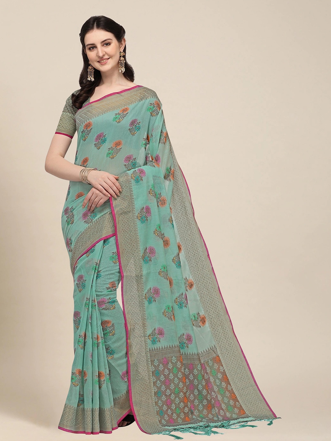 

MS RETAIL Blue & Pink Woven Design Zari Pure Cotton Chanderi Saree