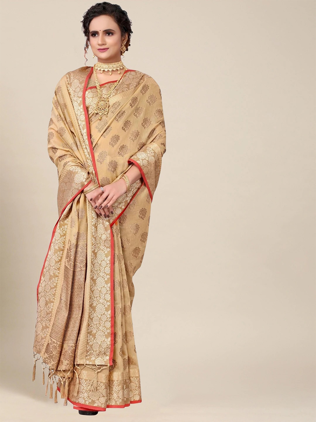 

MS RETAIL Camel Brown & Gold-Toned Woven Design Zari Pure Cotton Chanderi Saree