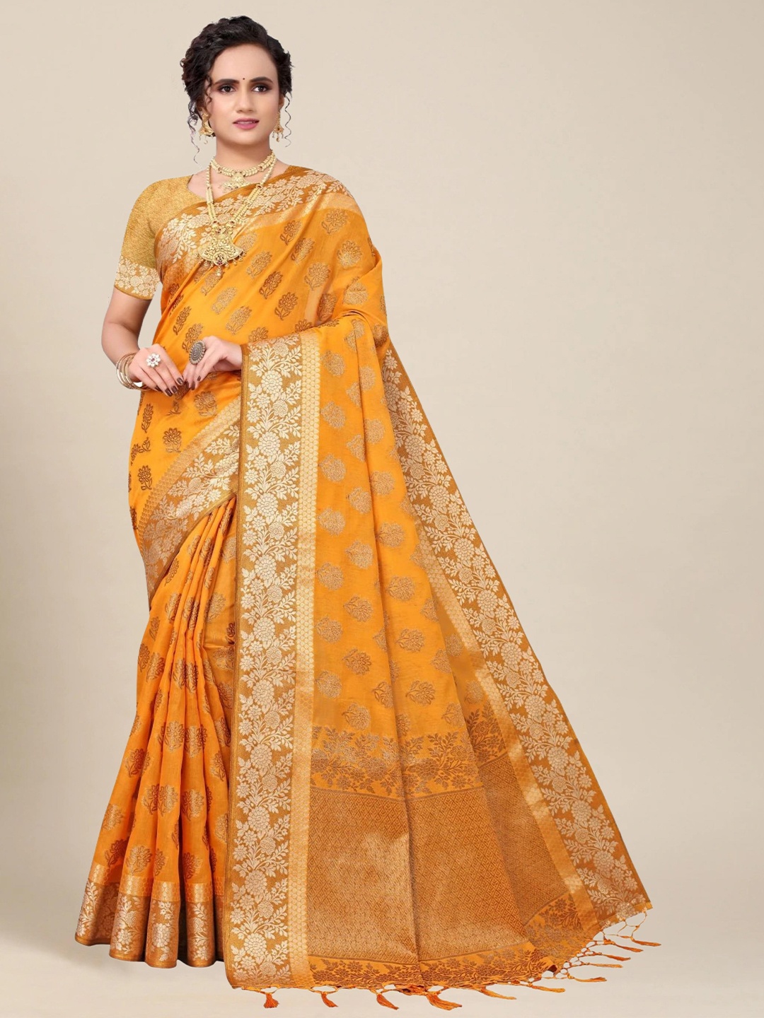 

MS RETAIL Yellow & Gold-Toned Ethnic Motifs Zari Pure Cotton Chanderi Saree