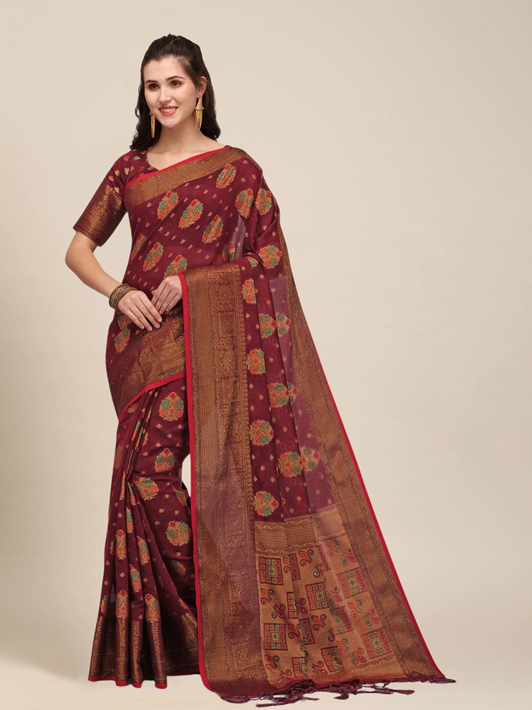 

MS RETAIL Rust & Green Woven Design Zari Pure Cotton Chanderi Saree