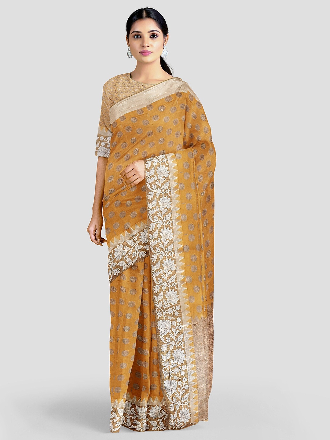 

MS RETAIL Mustard & Silver-Toned Woven Design Zari Pure Cotton Chanderi Saree