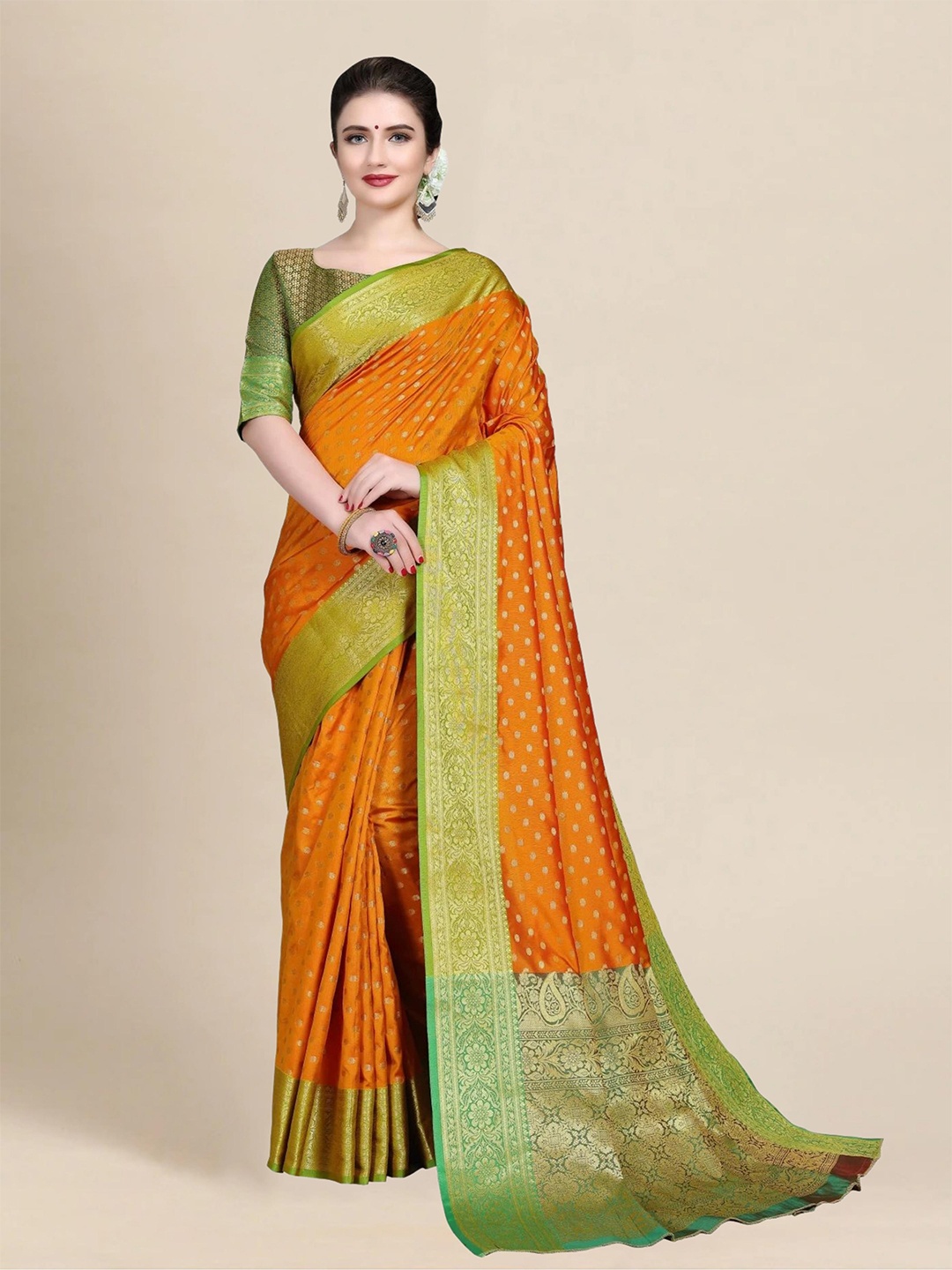 

MS RETAIL Mustard & Green Woven Design Zari Silk Blend Banarasi Saree