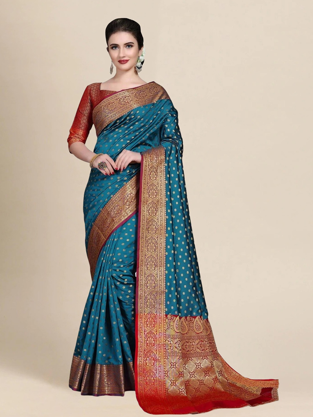 

MS RETAIL Turquoise Blue & Maroon Woven Design Zari Silk Blend Banarasi Saree