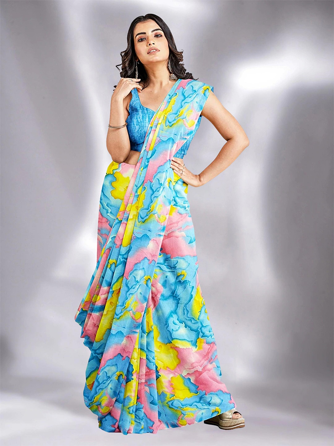 

MS RETAIL Blue & Yellow Tie and Dye Pure Georgette Block Print Saree