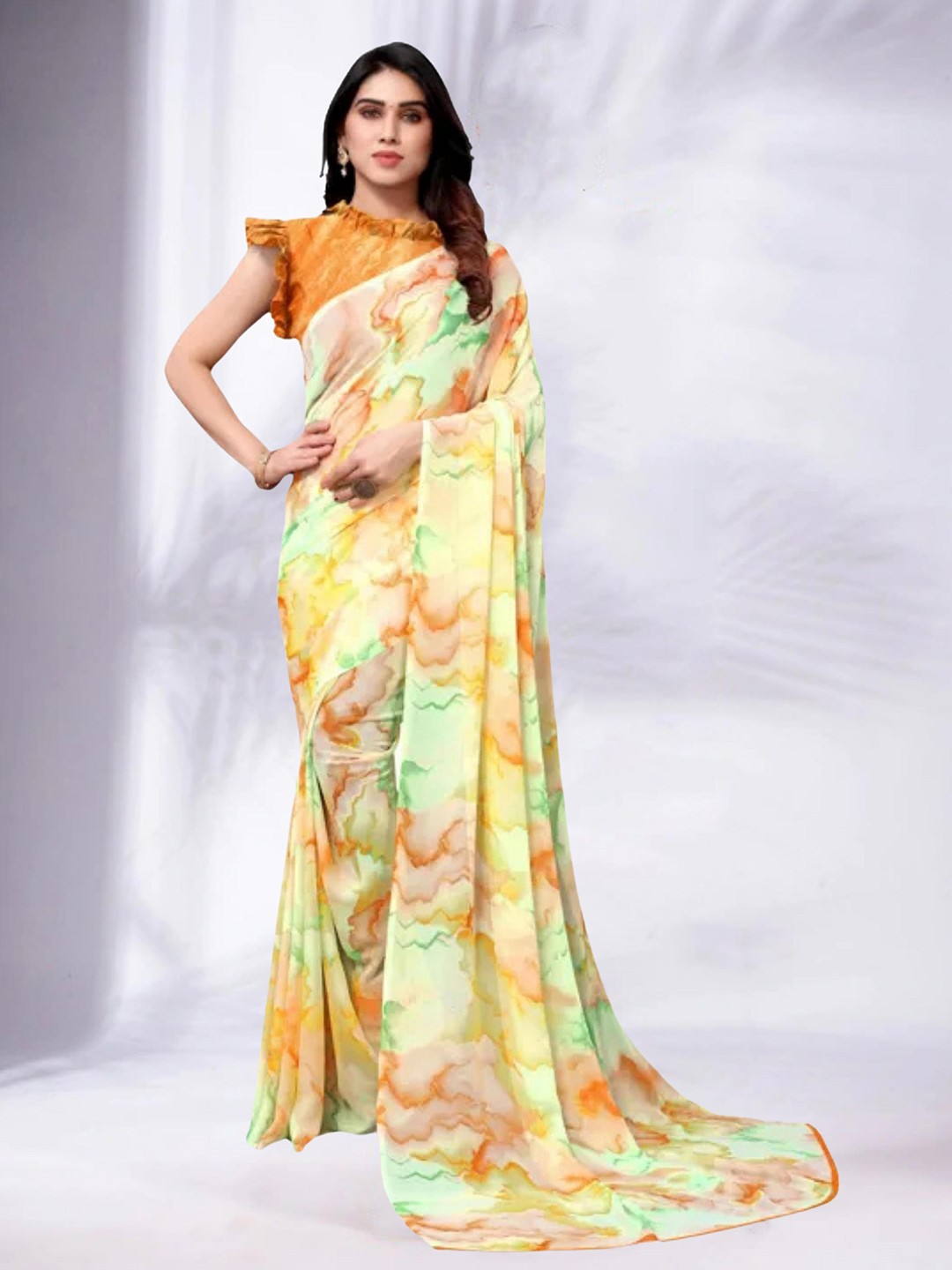 

MS RETAIL Women Orange & Yellow Tie and Dye Pure Georgette Block Print Saree