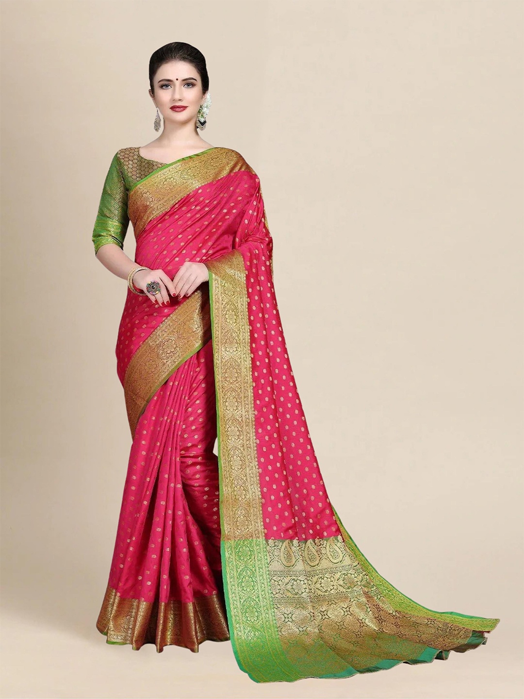 

MS RETAIL Pink & Green Ethnic Motifs Zari Silk Blend Banarasi Saree