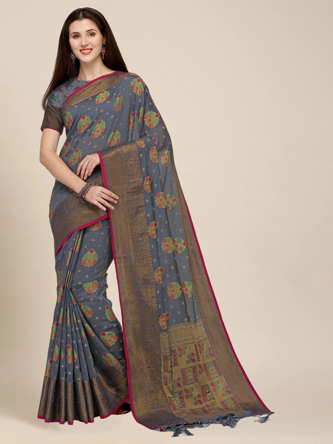 

MS RETAIL Grey & Pink Ethnic Motifs Zari Pure Cotton Saree