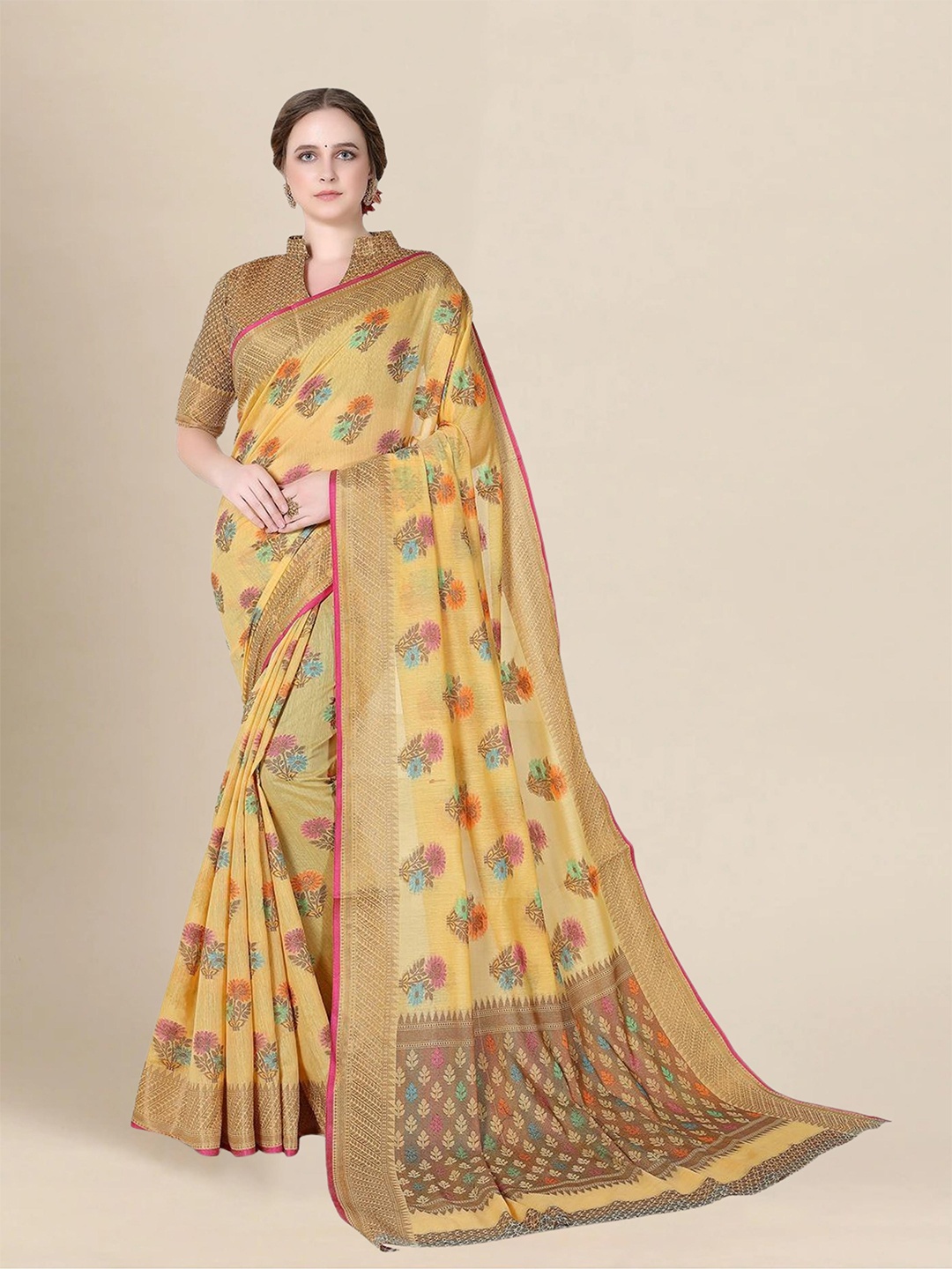 

MS RETAIL Yellow & Gold-Toned Woven Design Zari Pure Cotton Chanderi Saree