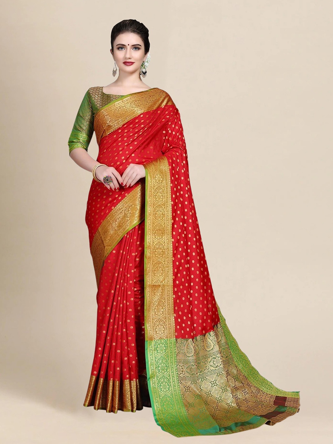 

MS RETAIL Red & Green Woven Design Zari Silk Blend Banarasi Saree