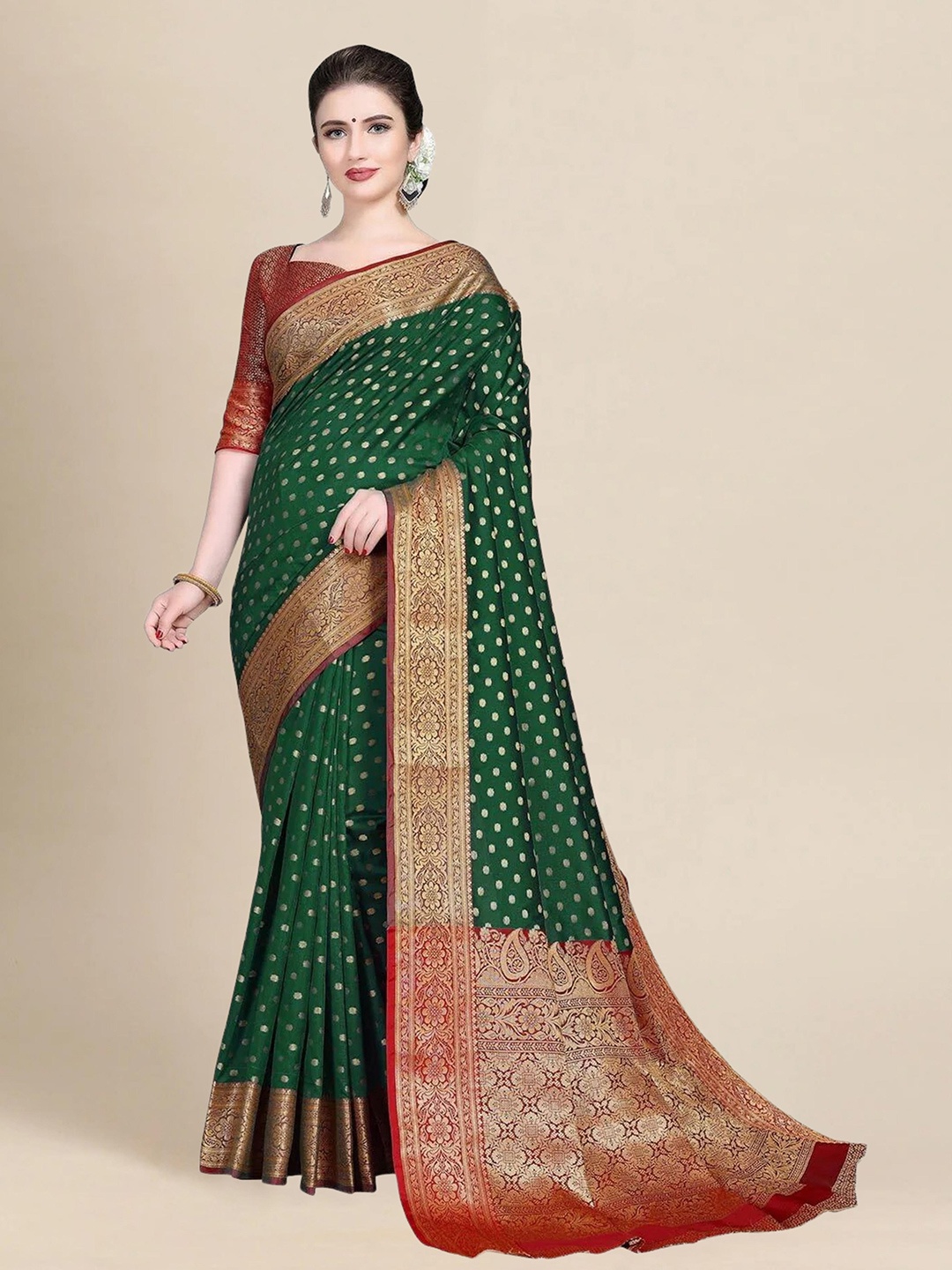 

MS RETAIL Green & Red Woven Design Zari Silk Blend Banarasi Saree