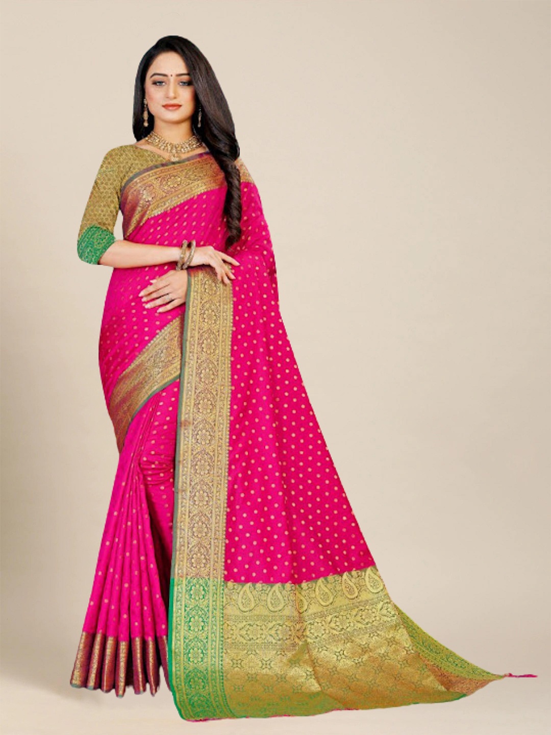 

MS RETAIL Pink & Green Woven Design Zari Silk Blend Banarasi Saree