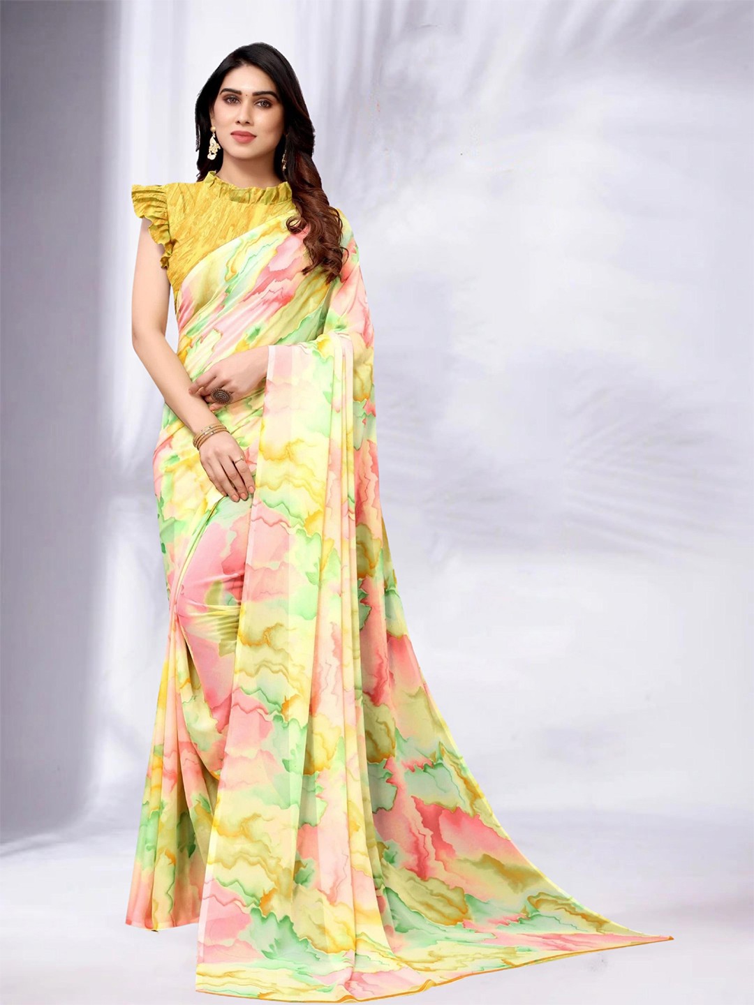 

MS RETAIL Yellow & Pink Tie and Dye Pure Georgette Saree