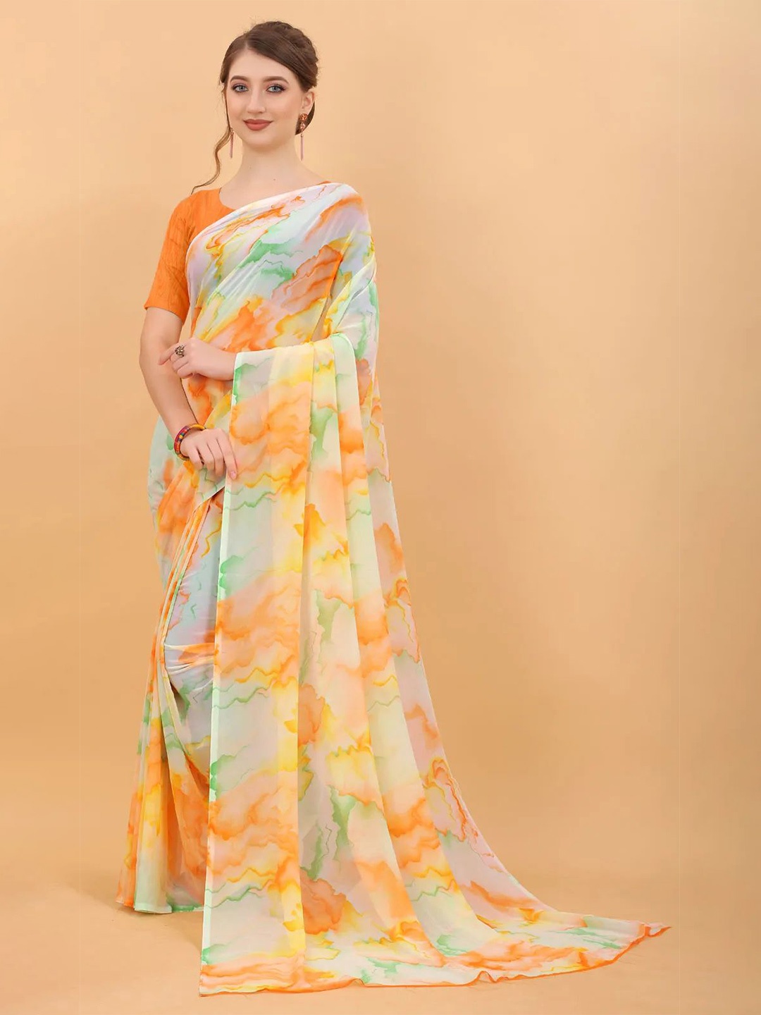 

MS RETAIL Orange & Yellow Tie and Dye Pure Georgette Block Print Saree
