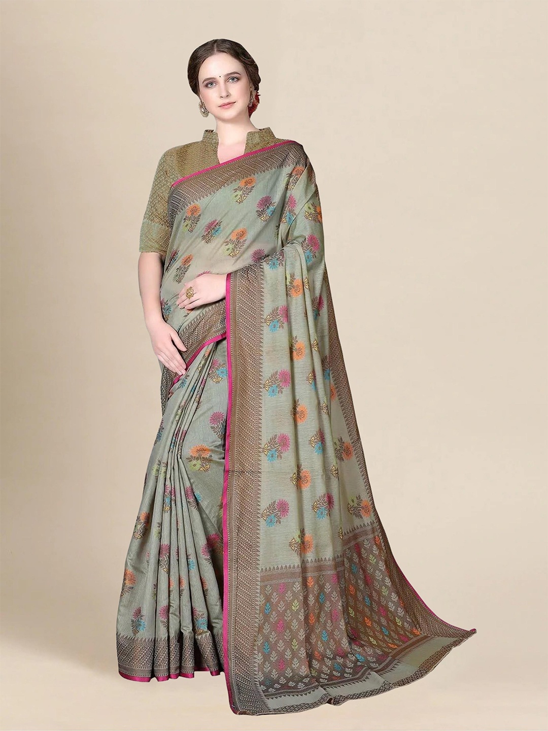 

MS RETAIL Grey Melange & Orange Floral Zari Pure Cotton Chanderi Saree