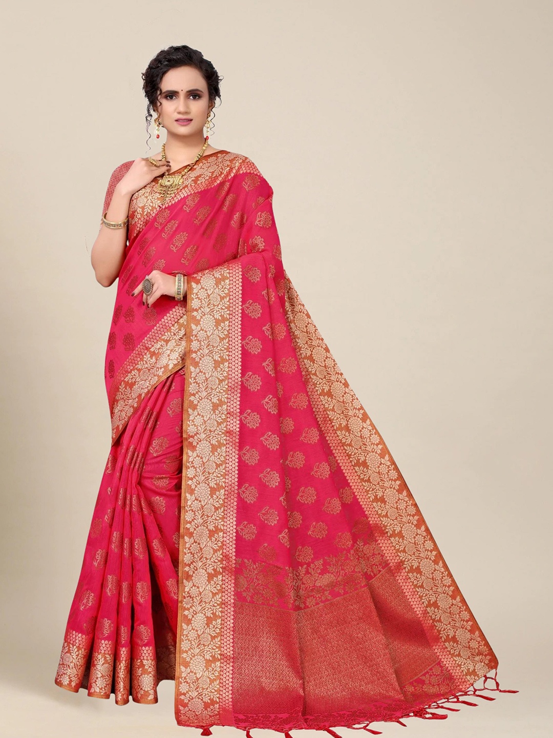 

MS RETAIL Pink & Gold-Toned Woven Design Zari Pure Cotton Chanderi Saree