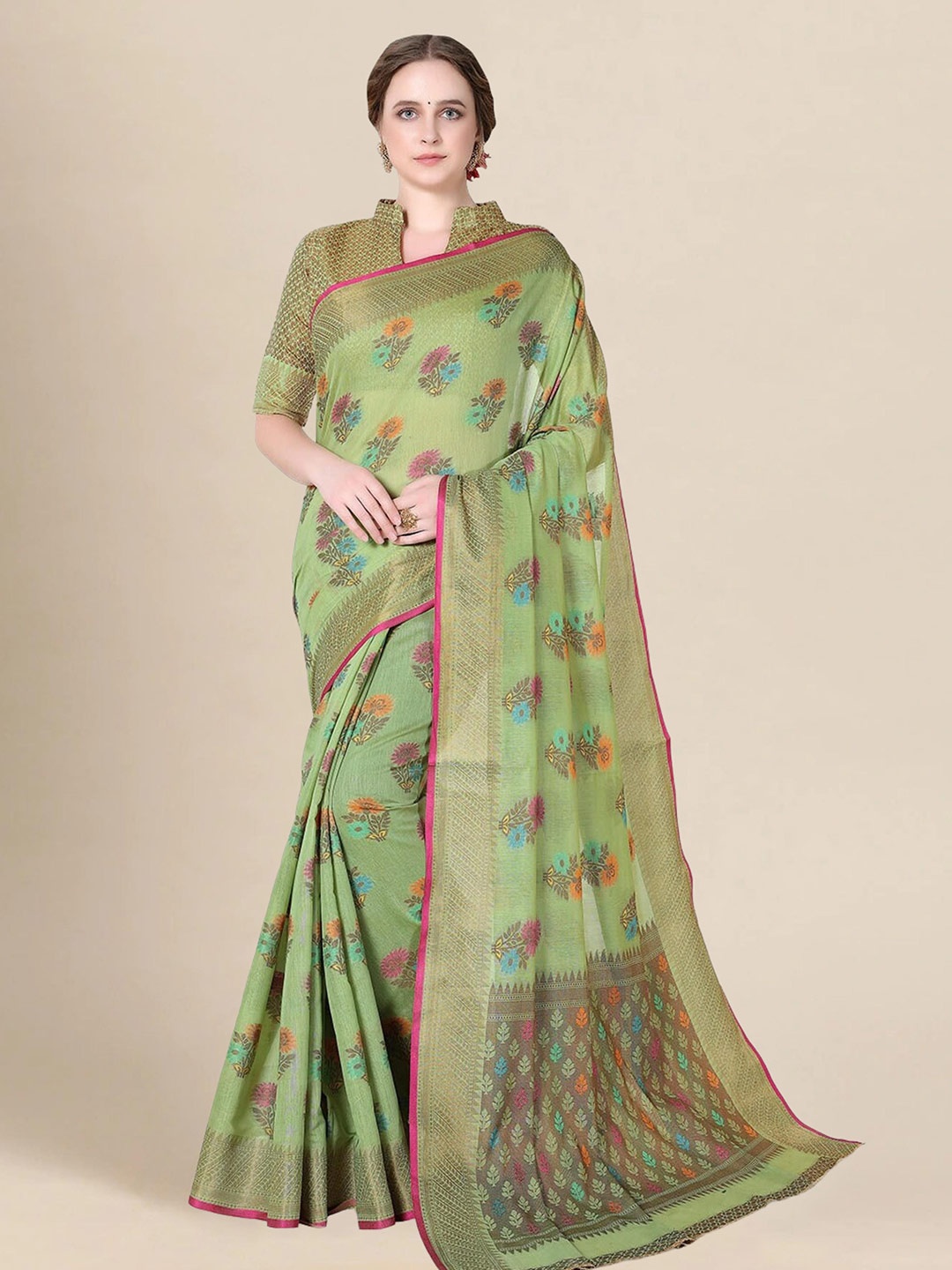 

MS RETAIL Lime Green & Gold-Toned Ethnic Motifs Pure Cotton Chanderi Saree