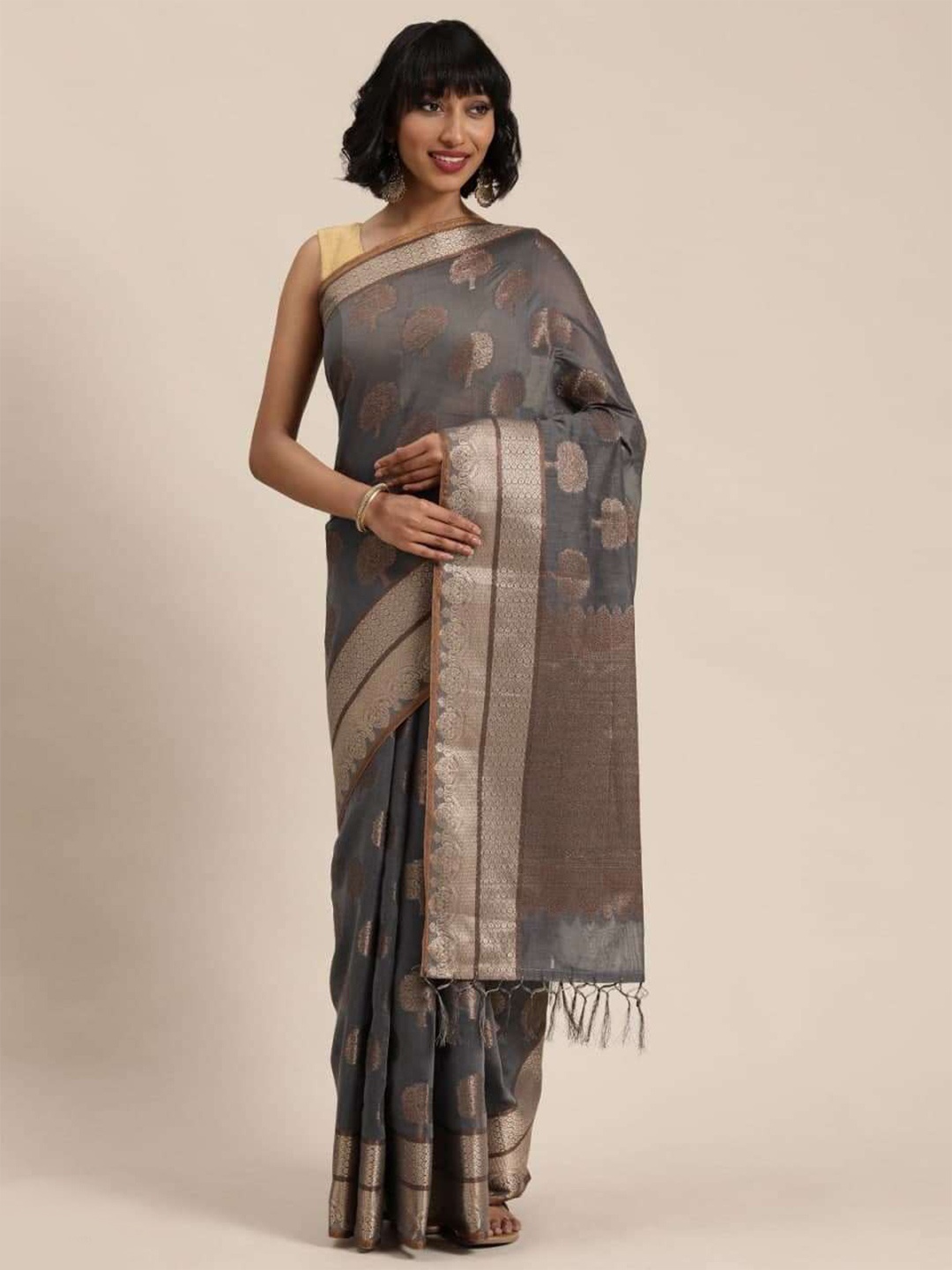 

MS RETAIL Grey & Gold-Toned Floral Zari Pure Cotton Chanderi Saree