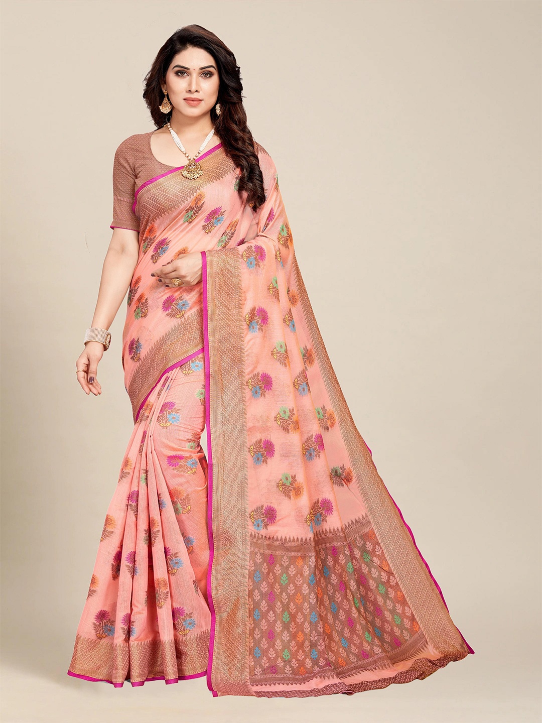 

MS RETAIL Pink & Gold-Toned Woven Design Zari Pure Cotton Chanderi Saree