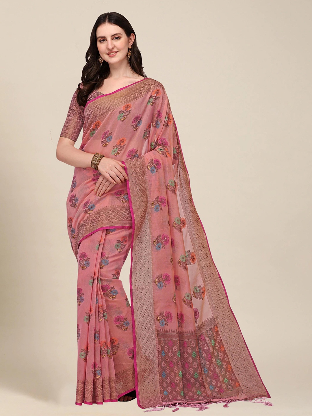 

MS RETAIL Peach-Coloured & Orange Woven Design Zari Pure Cotton Chanderi Saree
