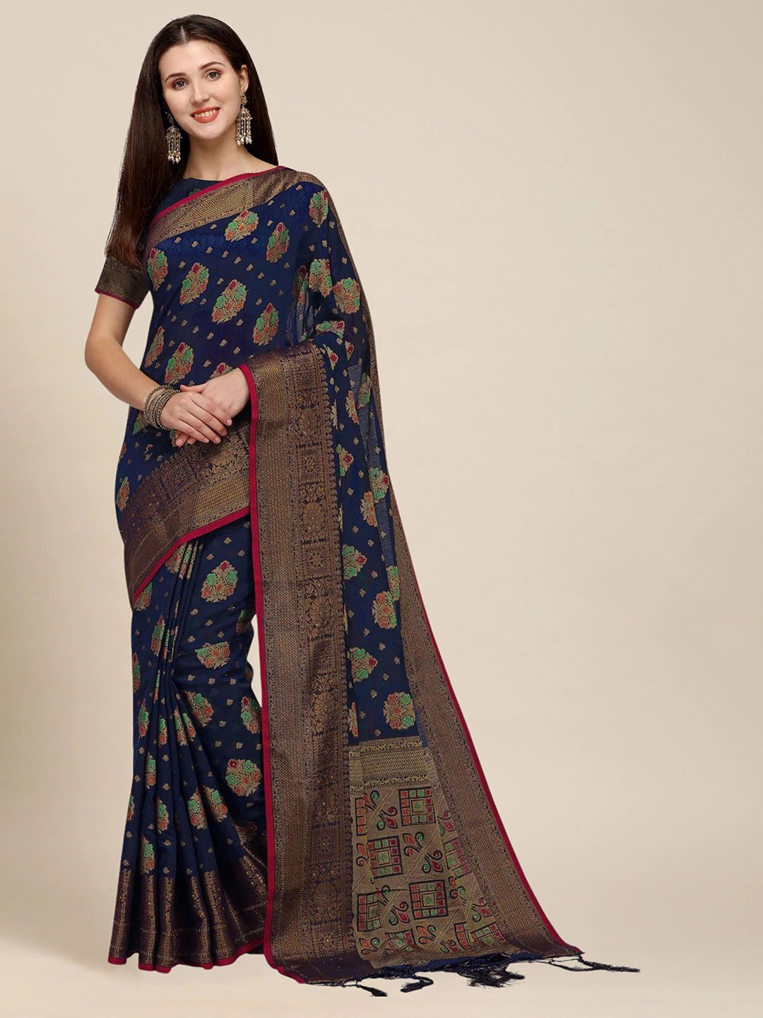 

MS RETAIL Women Navy Blue & Gold-Toned Woven Design Zari Pure Cotton Chanderi Saree