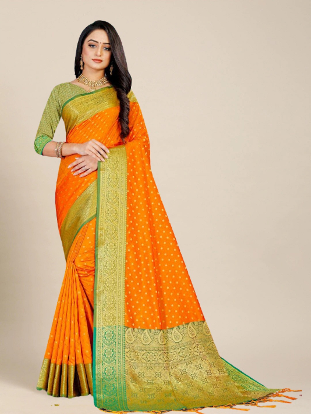 

MS RETAIL Mustard & Green Woven Design Zari Silk Blend Banarasi Saree