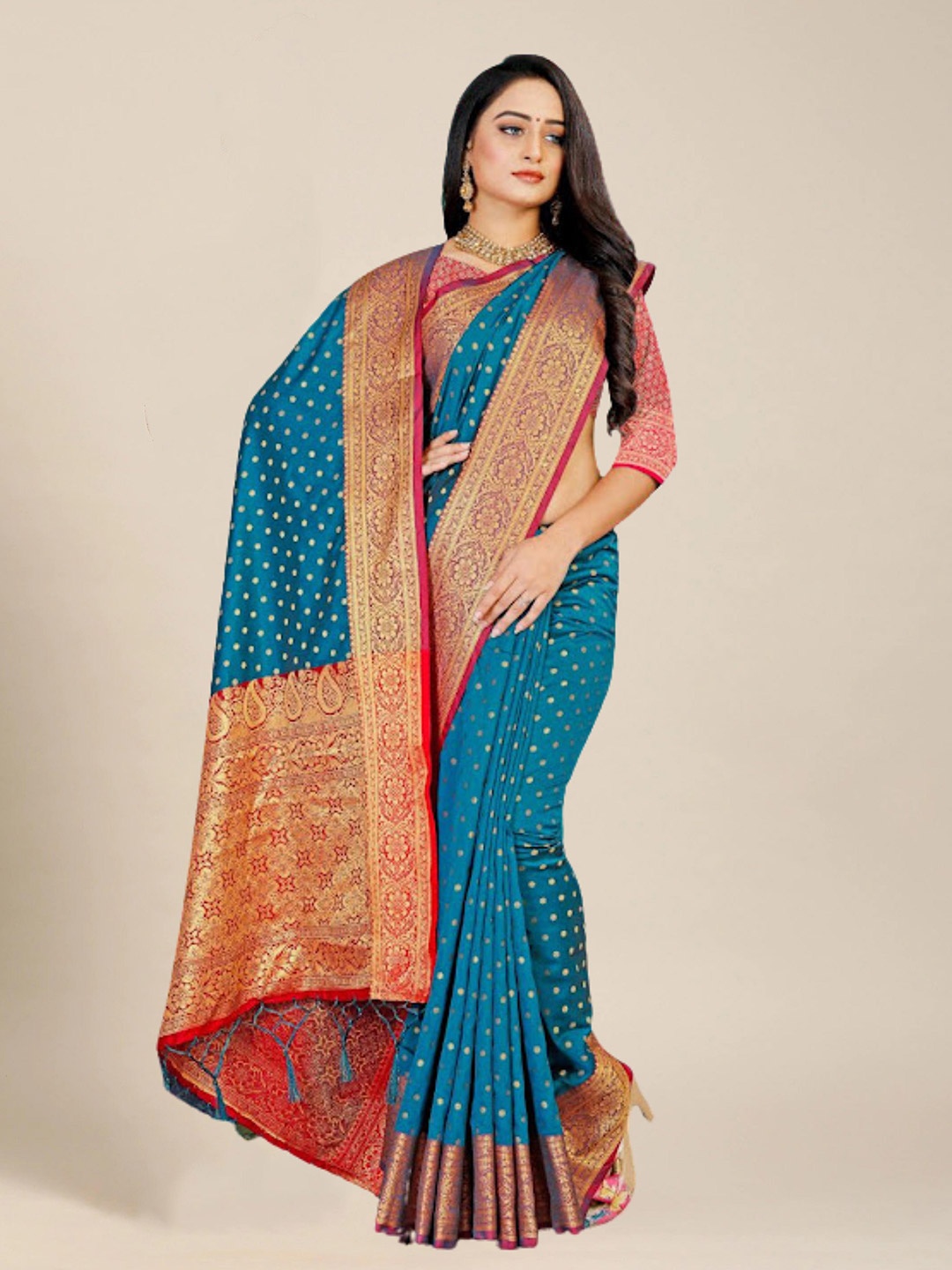 

MS RETAIL Turquoise Blue & Red Woven Design Zari Silk Blend Banarasi Saree