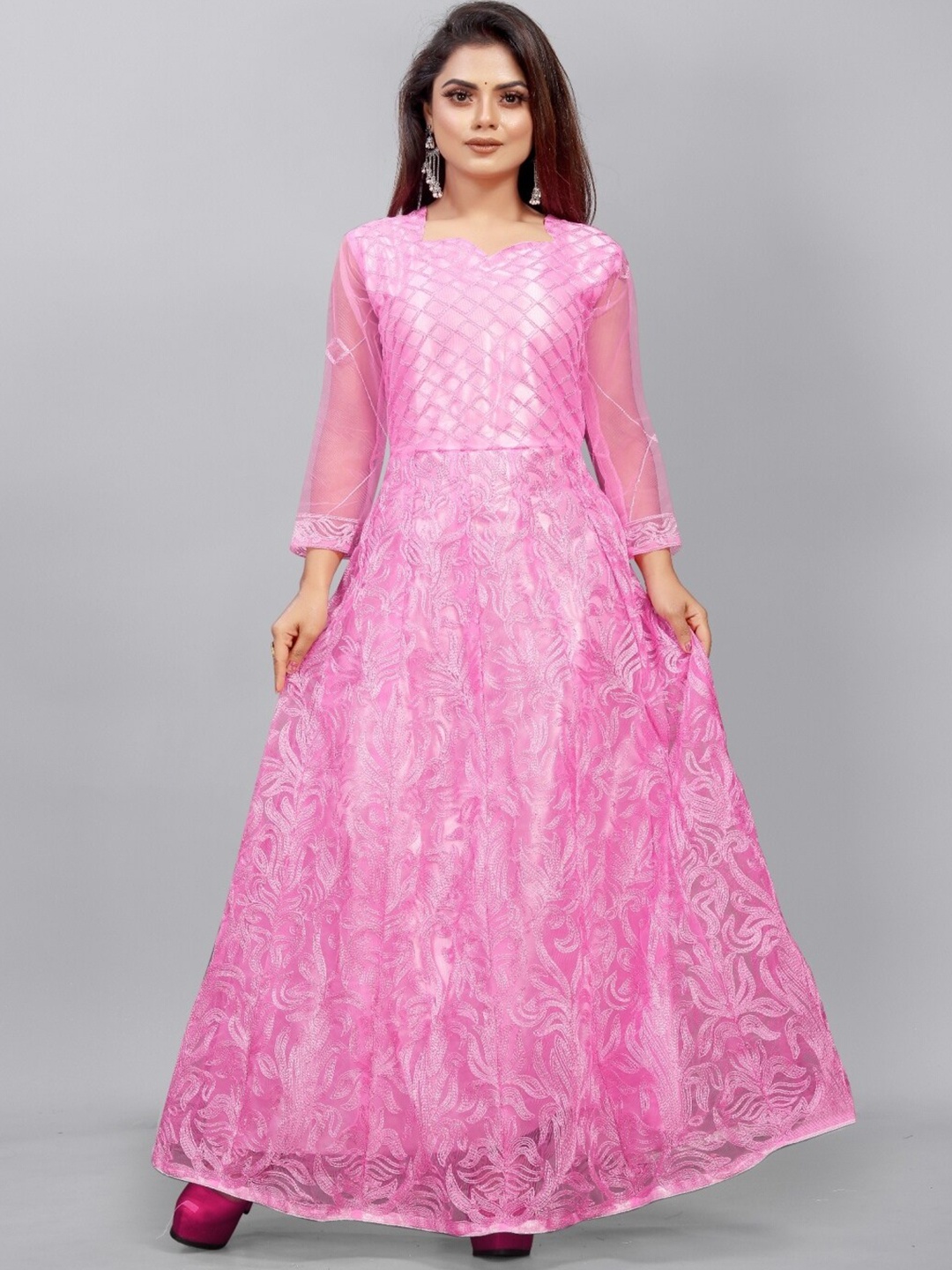 

APNISHA Pink Floral Net Embroidered Semi-Stitched Gown