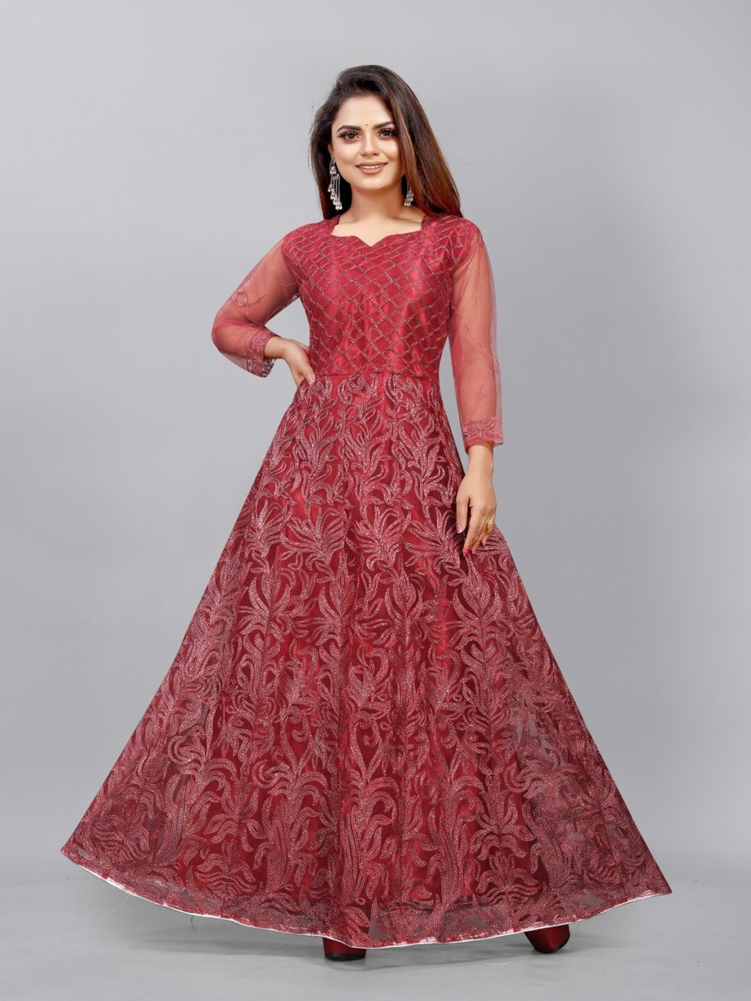 

APNISHA Women Red Embroidered Net Maxi Dress