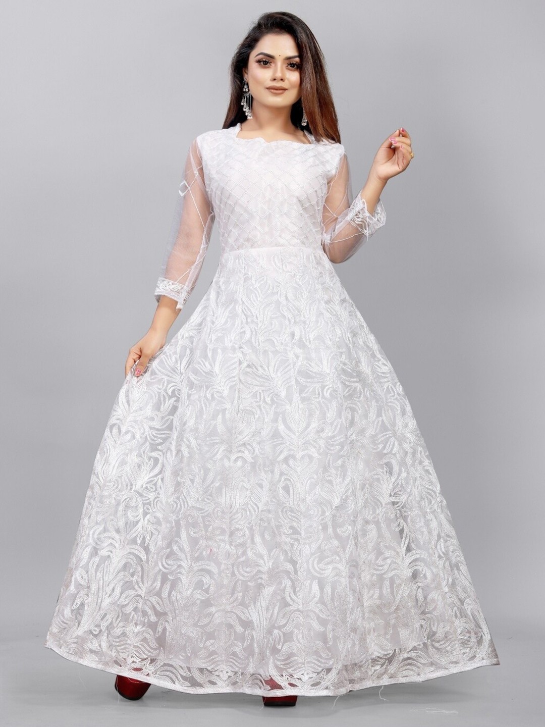 

APNISHA Women White Net Maxi Embroidered Dress