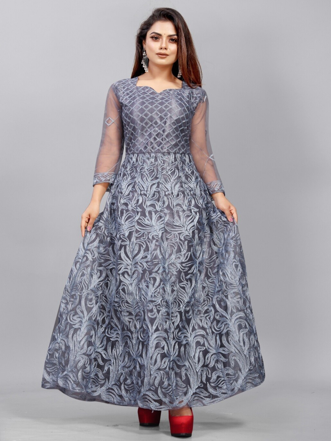 

APNISHA Women Grey Floral Embroidered Net Maxi Dress