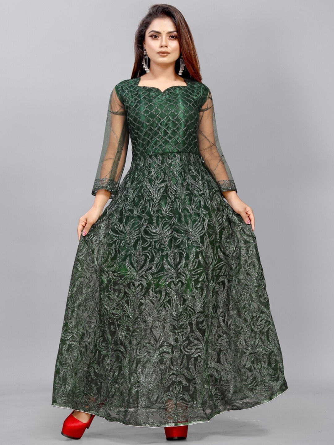 

APNISHA Women Green Embellished Embroidered Net Maxi Dress