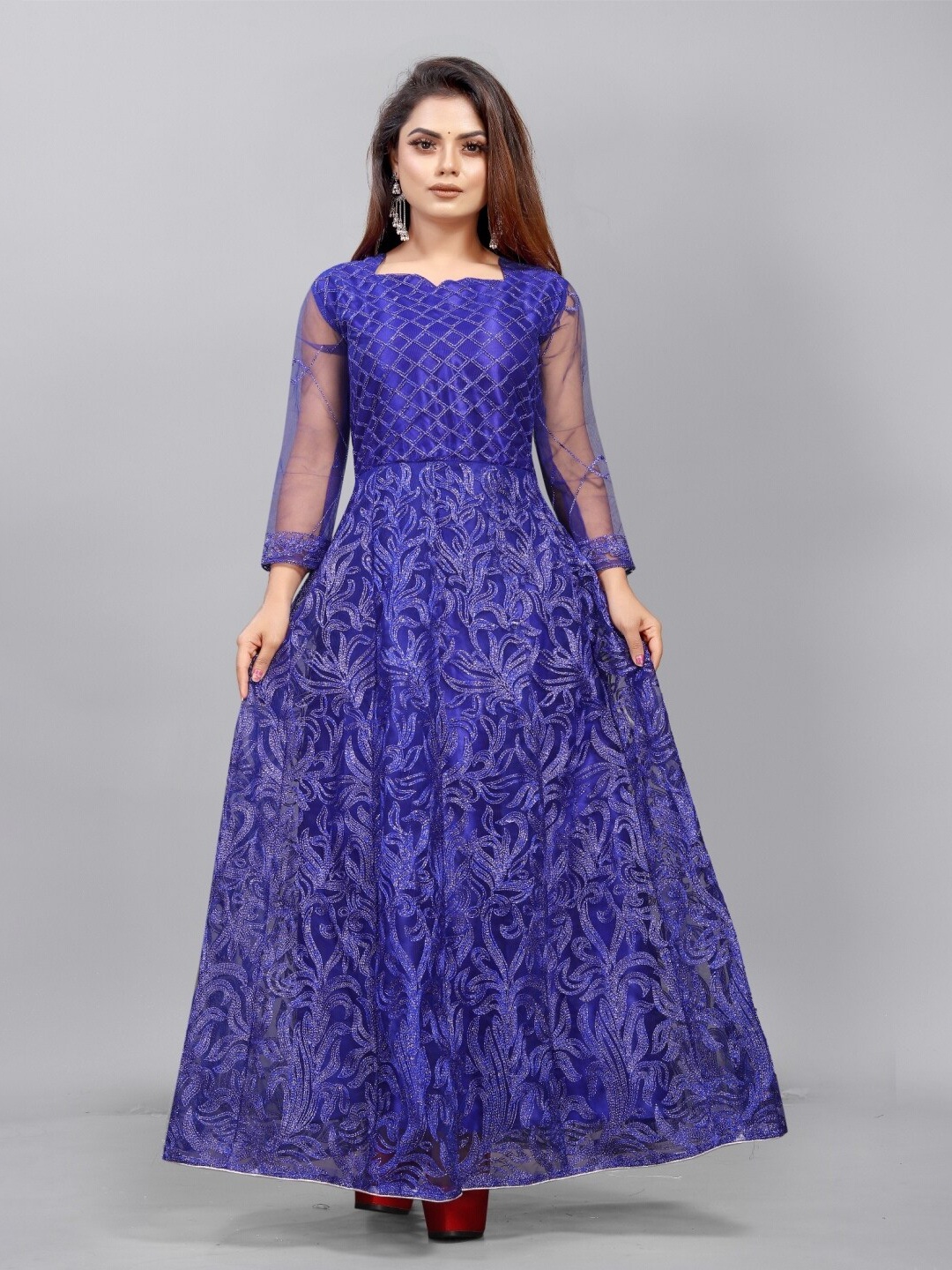 

APNISHA Blue Net Maxi Embroidered Dress