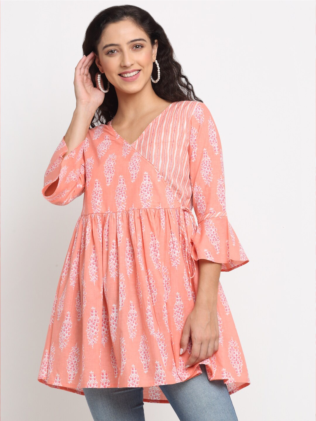 

KALINI Peach-Coloured Floral Print Empire Longline Top