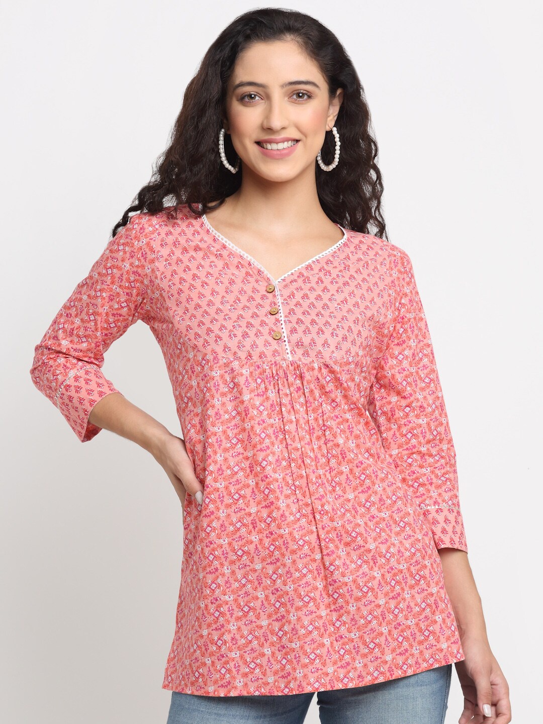 

KALINI Peach-Coloured Floral Print Empire Top