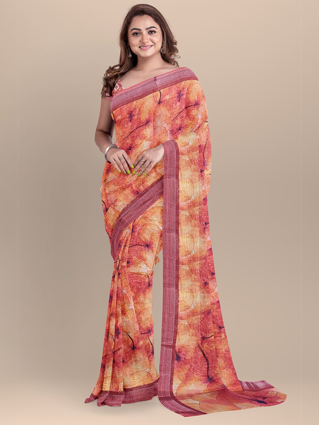 

The Chennai Silks Orange & Purple Floral Zari Linen Blend Saree
