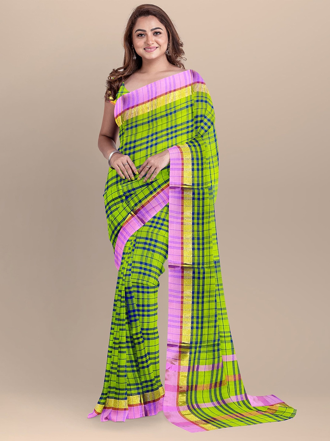 

The Chennai Silks Green & Pink Checked Zari Pure Cotton Venkatgiri Saree