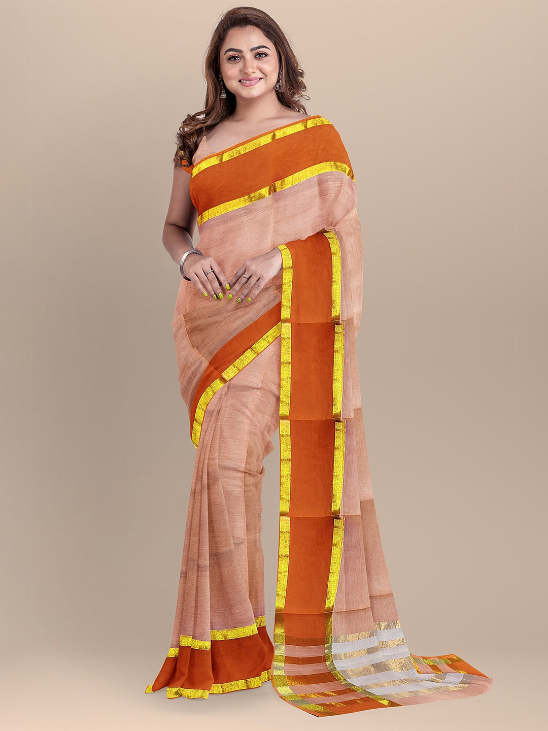 

The Chennai Silks Orange & Pink Woven Design Zari Pure Cotton Venkatgiri Saree