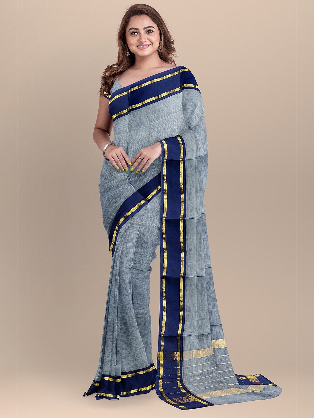 

The Chennai Silks Grey & Navy Blue Zari Pure Cotton Fusion Venkatgiri Saree