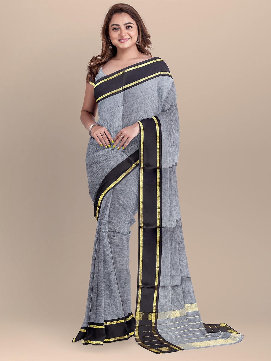 

The Chennai Silks Women Brown & Grey Zari Pure Cotton Fusion Saree