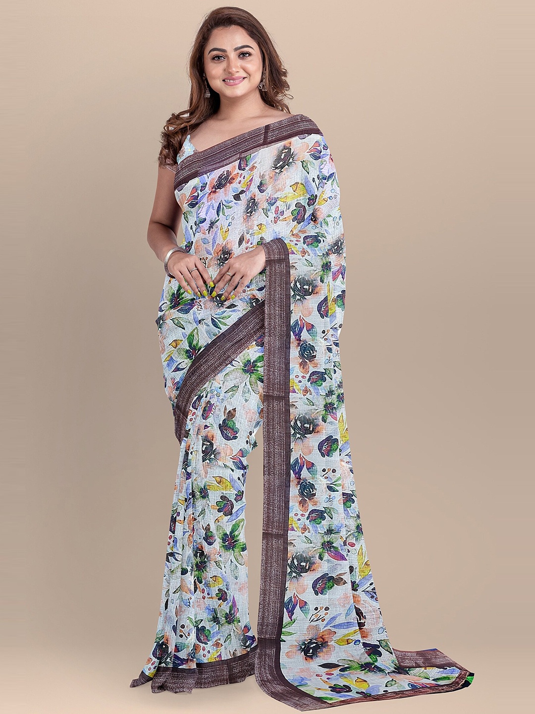 

The Chennai Silks Off White & Blue Floral Zari Linen Blend Saree